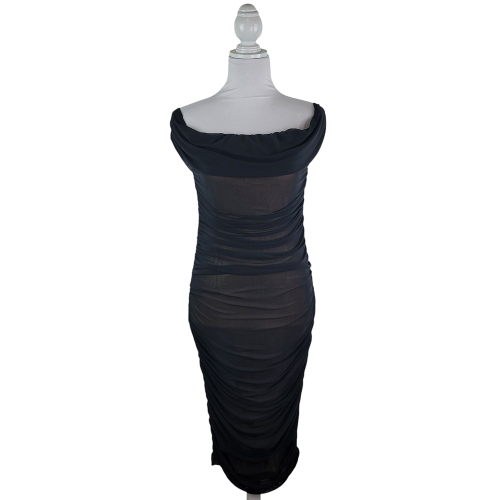Off-Shoulder Black Ruched Bodycon Dress - Picture 3 of 11